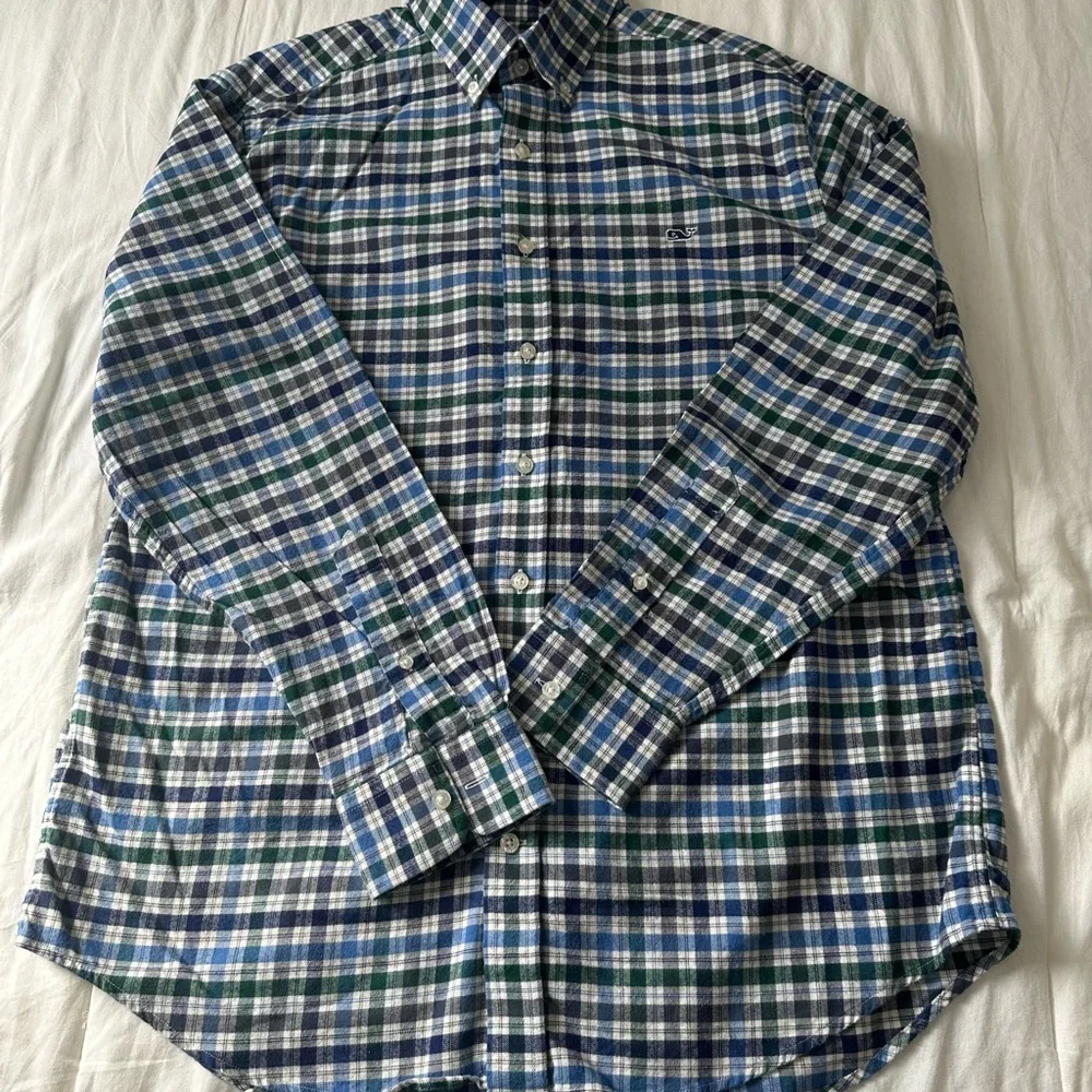 Vineyard Vines Blue and Green Checkered Slim Fit Whale Shirt